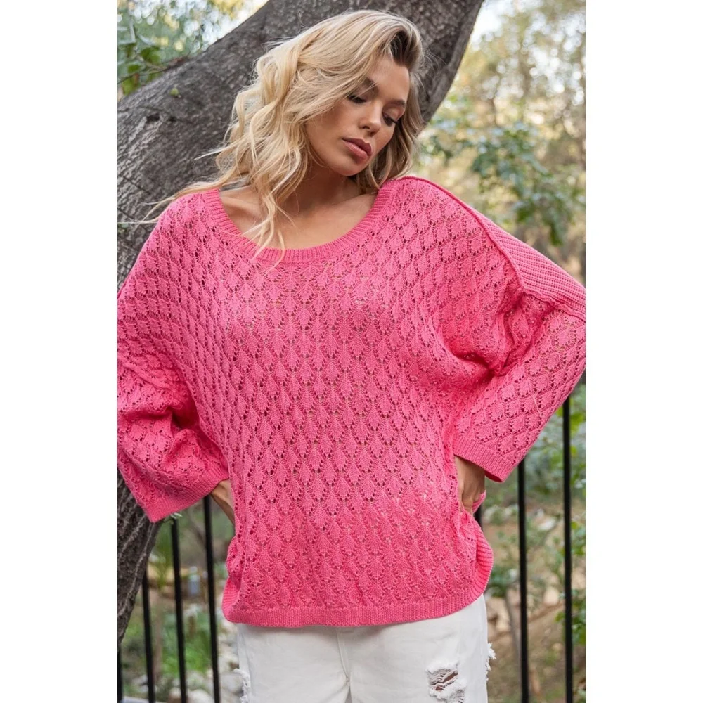 POL Hot Pink Crochet & Rib Knit Oversized Transitional Sweater